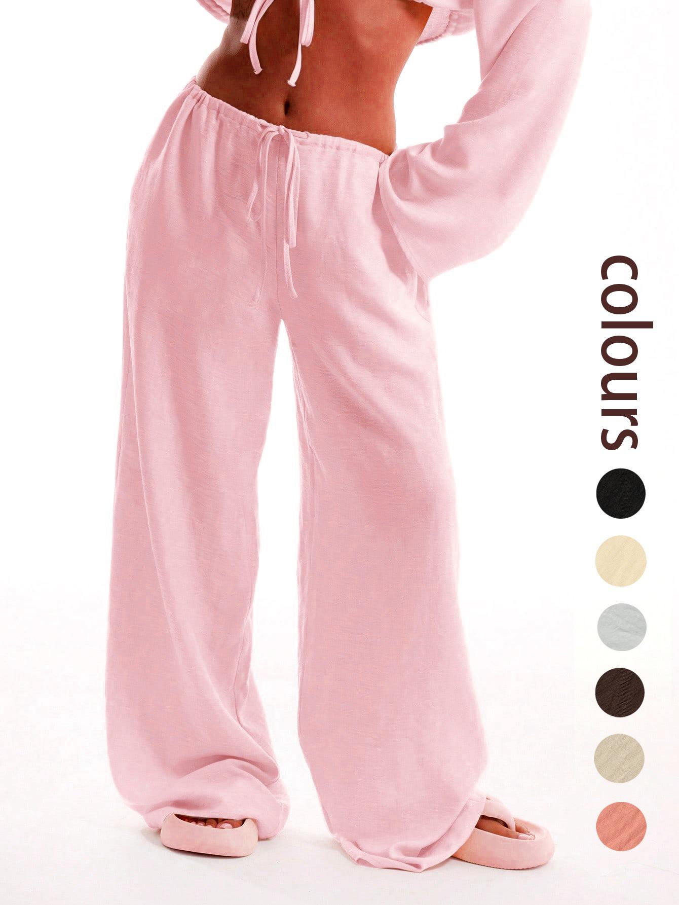 

2026 New Style Women s Elastic Waist Drawstring Wide-Leg Casual Pants Medium розовый