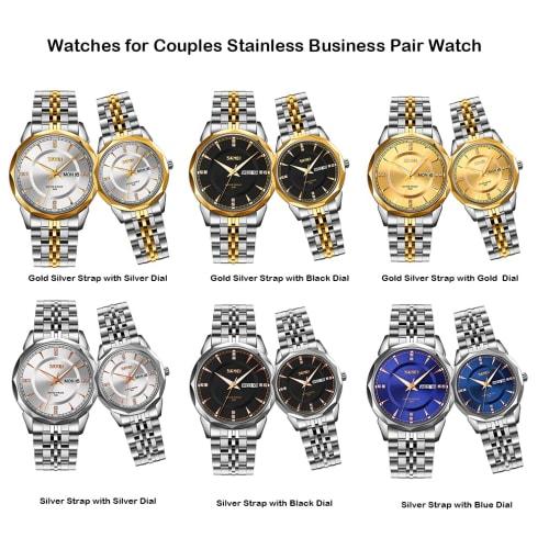 Relojes de Pareja SKMEI, Popular Set de Relojes de Pareja para Hombre y Mujer, Clásico Plateado con Correa de Acero Inoxidable, Resistente al Agua, Negocios, Marca de Lujo, G