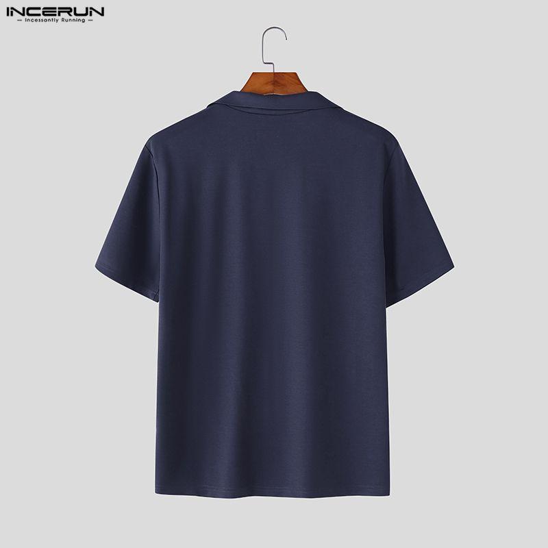 INCERUN Men Lapel Neck Short Sleeve Solid Color Casual Fitted T-shirts Tops