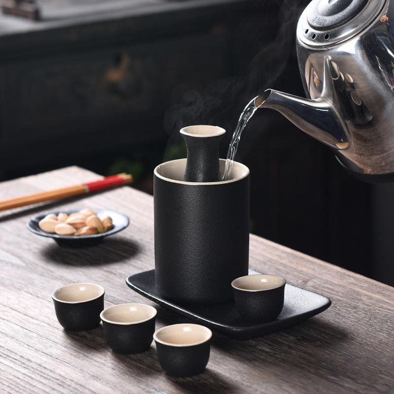 Ceramic Wine Set, Warm Wine Jug With Plate, Japanese-Style Baijiu Dispenser, Spirit Shot Glass