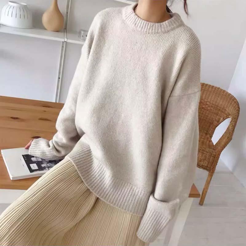 Women Cashmere Elegant Basic Sweater Autumn Winter Loose Soft O-Neck Knitted Pullovers Oversized Solid Color Jumper Knitwear