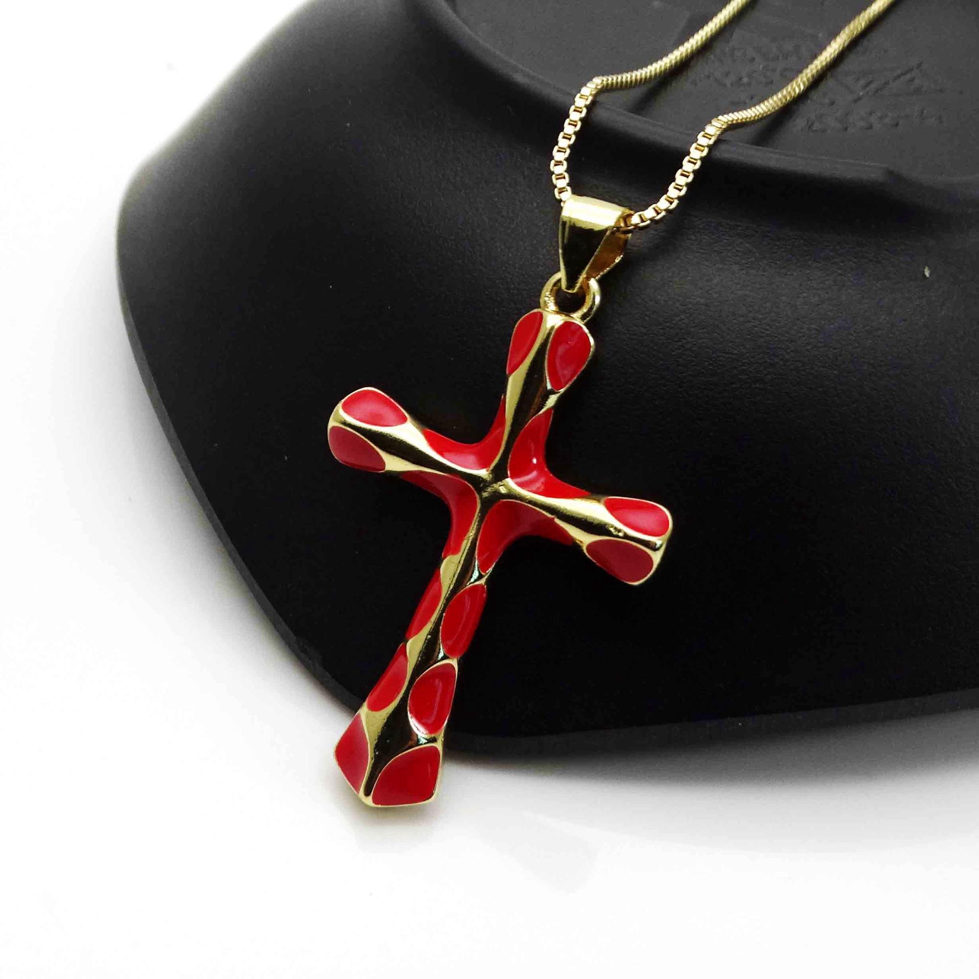 

Micro zircon Rainbow cross pendant necklace Drops of paint Red black crosscopper gold plated DIY neck catenary necklace Zircon червоний
