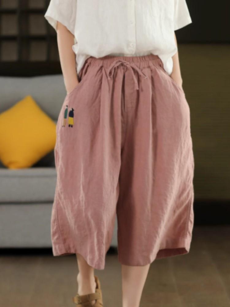 

Johnature Women Vintage Embroidery Pants Elastic Waist Solid Color Summer Trousers Pockets Belt Calf Length Pants One Size рожевий