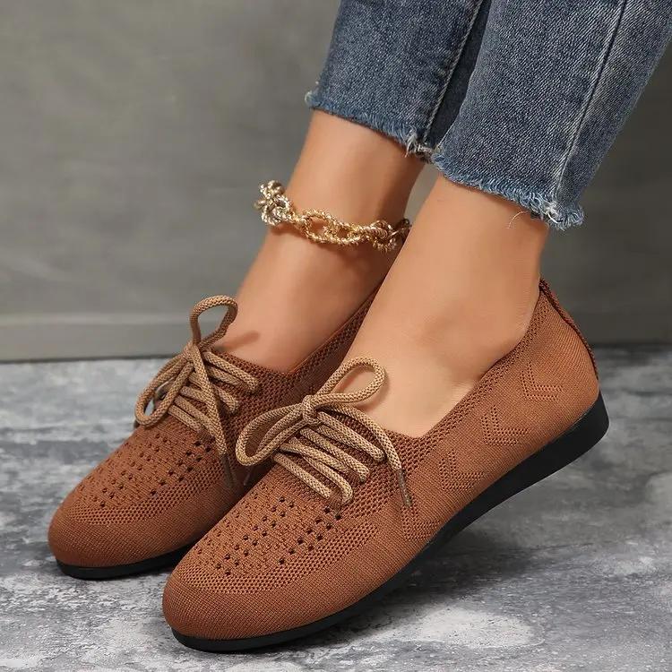 Fashion 2024 New Autumn Women's Fashion Lace Up Mesh Breathable Women's Flat Shoes Casual Round Toe Walking Shopping Women's Mom Shoes