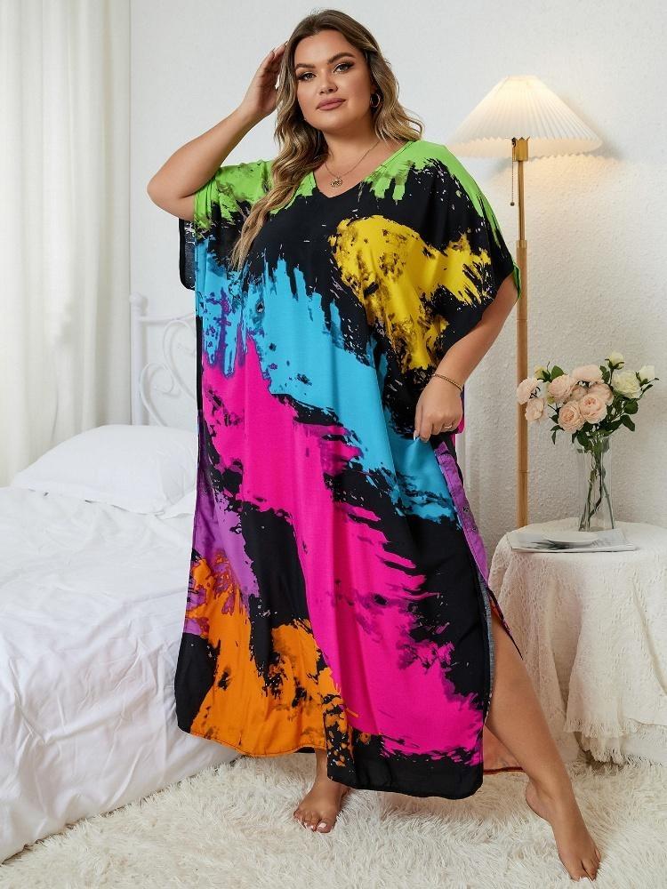 V Neck Bohemian Plus Size Printed Kaftan Dress Women Classy Long Vacation Swimsuit Cover Up
