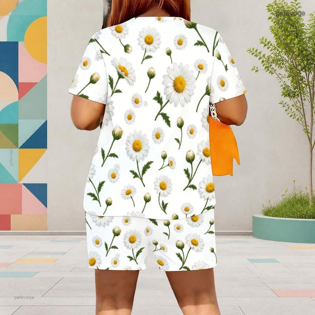 Women Plus Size White Round Neck Short Sleeve Floral Printed Top Pocket Shorts Two Piece Set