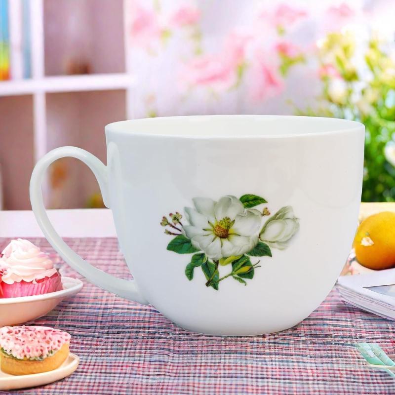600ml Tasse aus Knochenporzellan mit großem Fassungsvermögen - Blumige Keramiktasse für Milch, Haferbrei, Frühstück, ofen-, mikrowellen- und spülmaschinengeeignet