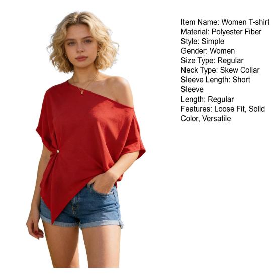 Women T-shirt Skew Collar Batwing Short Sleeve Waist Tight Design Tee Shirt Pure Color Loose Fit Soft Stretchy