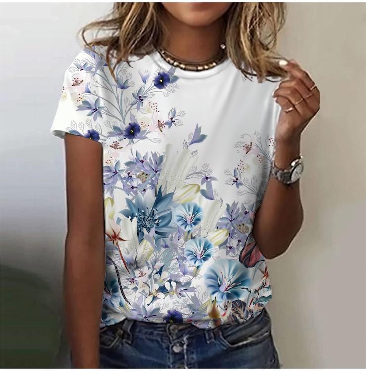 2025 Casual Sports Women's T-shirt Summer New Style Garden Collar Short Sleeve Fresh Floral Loose Lightweight Fabric Casual