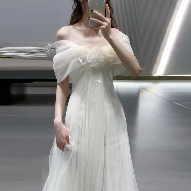 One-word Shoulder Light Wedding Dress Korean Super Fairy Mori Bride Morning Robe Evening Dress Going Out Yarn Light Luxury Small Trailing Dress Skirt