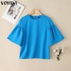 VONDA Summer Women Crew Neck Flare Sleeve Solid Color Casual Blouse