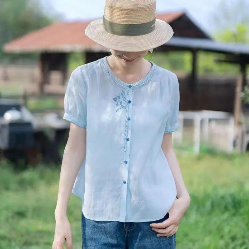 

Cotton Short Sleeved Shirt Women s Loose Casual Summer New Style Women s Temperament Small Shirt Popularity Top S синій