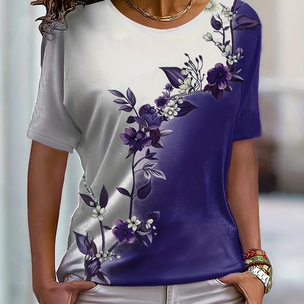 Elegant and Fashionable Colorful Rose Print Round Neck Ladies T-shirt Summer All-match Refreshing T-shirt