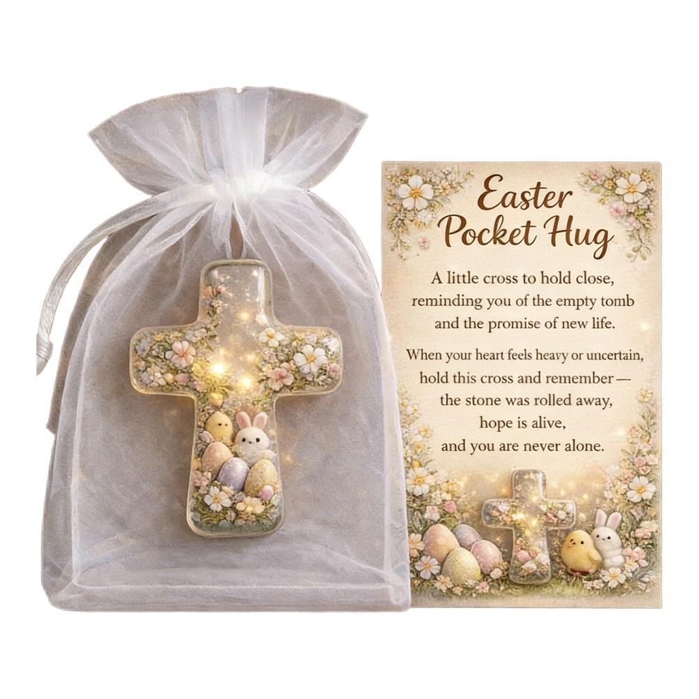 Easter For POCKET Hug Acrylic Card with Handmade Details Including Bunny Lamb Chick and Cross for Emotional Support