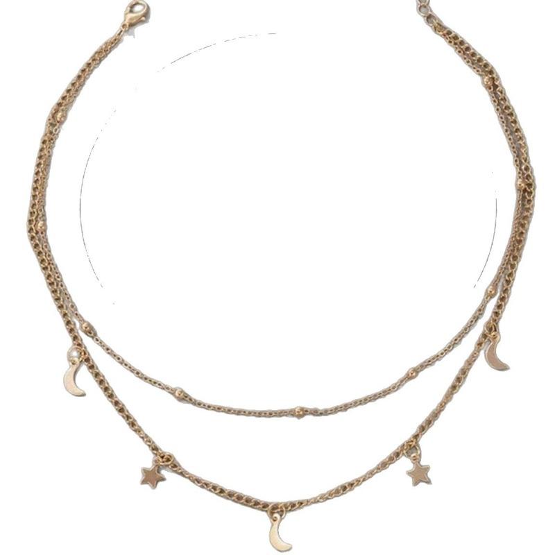 Simple Double Layer Moon Star Pendant Clavicle Necklace For Women