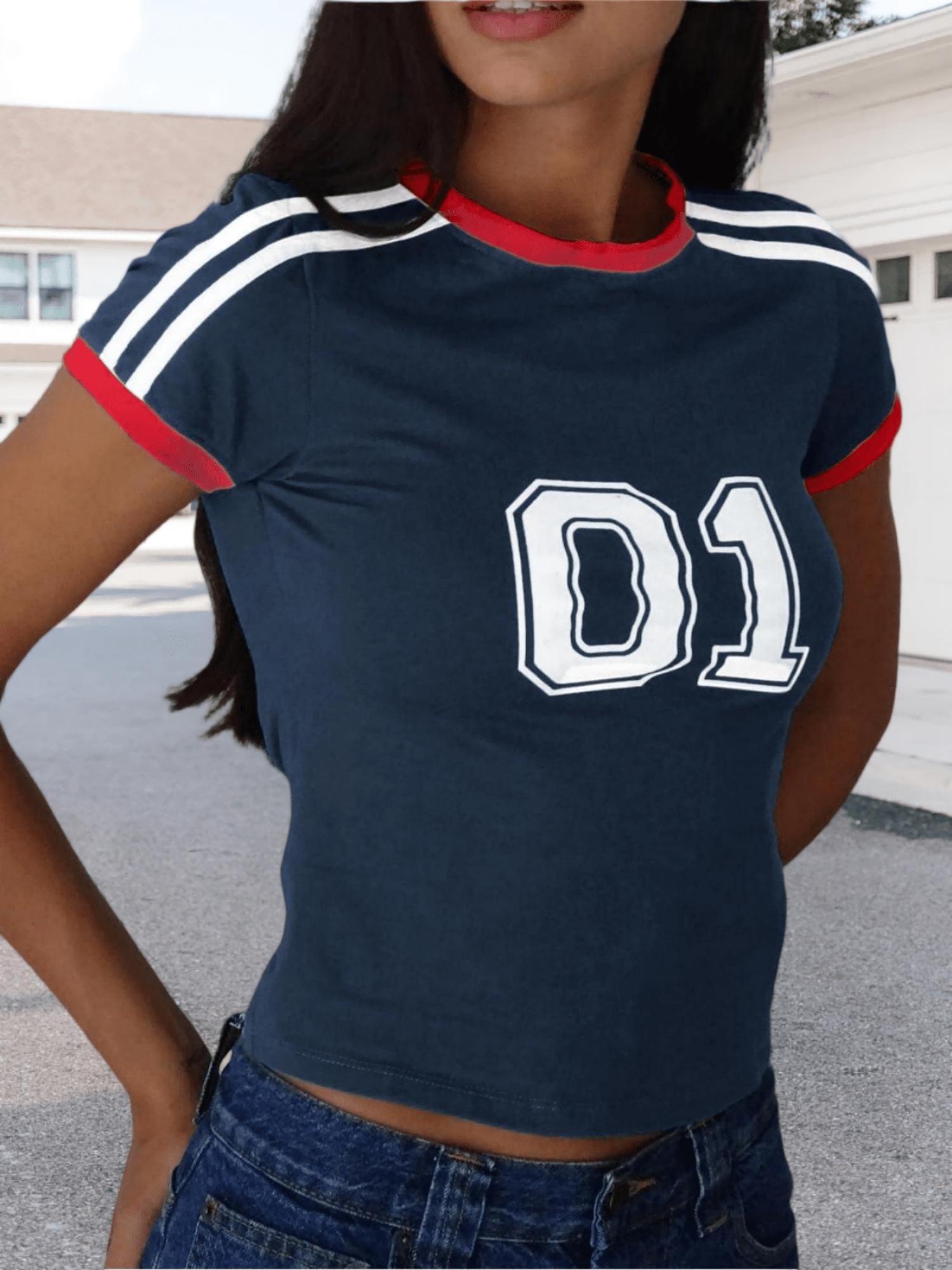 Dames Y2K Letterprint Croptop Korte Mouwen Baby Tee Casual Zomer Shirt S Vloot