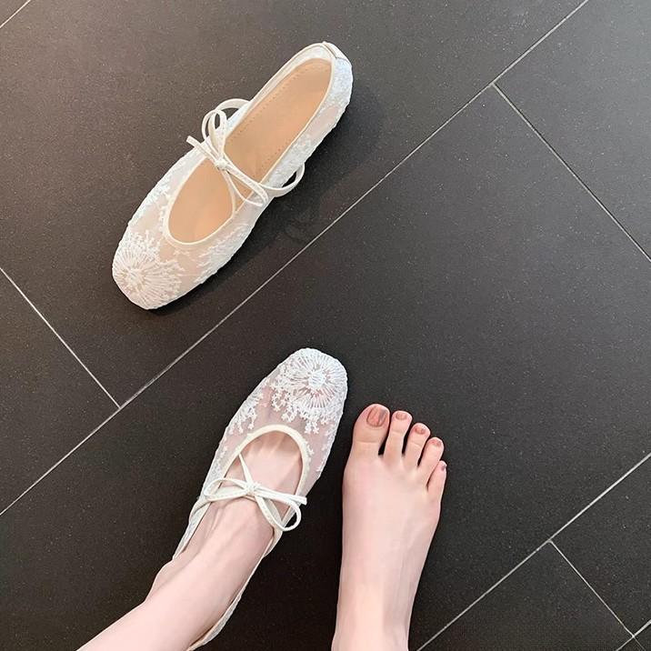 Grape mother summer new shallow mouth single shoes women's lace breathable bow word with comfortable soft sole flat shoes women