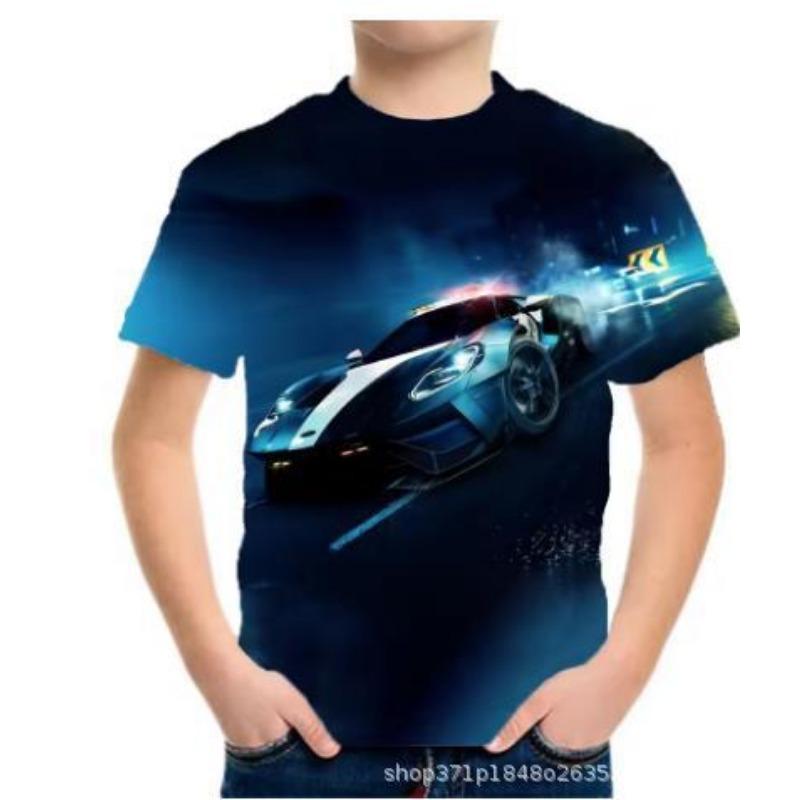 Summer Round Neck 3D Racing Series Printed Top Fashionable Casual Short Sleeved Children's Boy T-shirts
