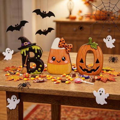 Halloween Home Decorations Wooden BOO Decoration for Tiered Trays, Creative Tray Decor Solid Wood Tabletop Centerpieces Party Table Centerpiece