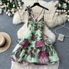 Romantic vacation style V-neck flower print dress women's summer backless strap A-shaped dress sexy temperament thin