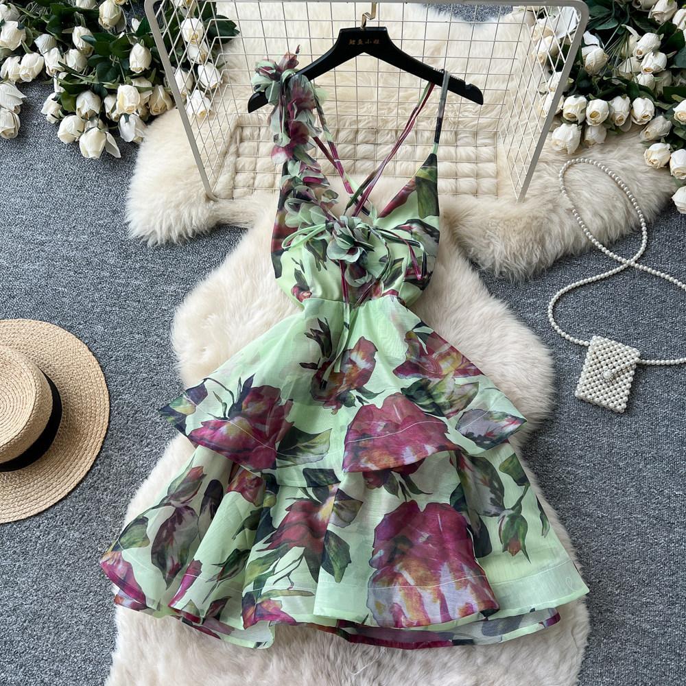 Romantic vacation style V-neck flower print dress women's summer backless strap A-shaped dress sexy temperament thin