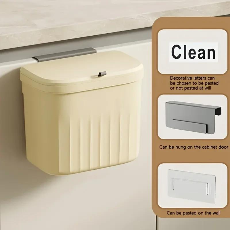 1pc Hanging Trash Can for Kitchen Cabinet Doors - Compact Garbage Bin with Hook or Adhesive Mount, Cream & White Design