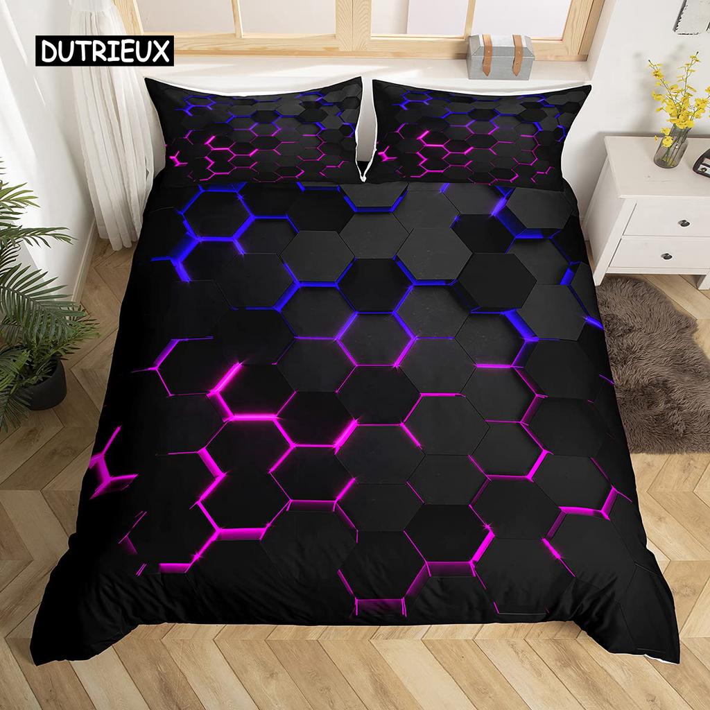 Honeycomb Duvet Cover Set Queen Size Geometry Hexagon Theme with Pink Blue Neon Lights Chic Comforter Cover for Boys Teen Man