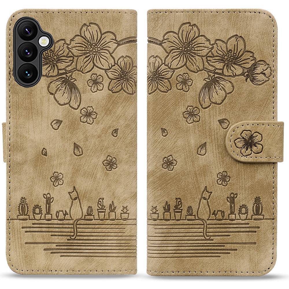 

For Samsung Galaxy S24 FE Case Flip Stand Leather Phone Cover Cherry Blossom Cat Imprinted Brown