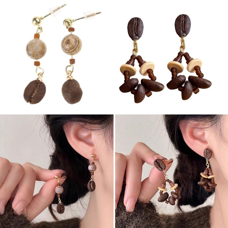 Unique Coffee Bean Studs Earrings for Fashion Enthusiasts Lightweight Wood Beaded Ear Pendants Jewelry for Daily Wear
