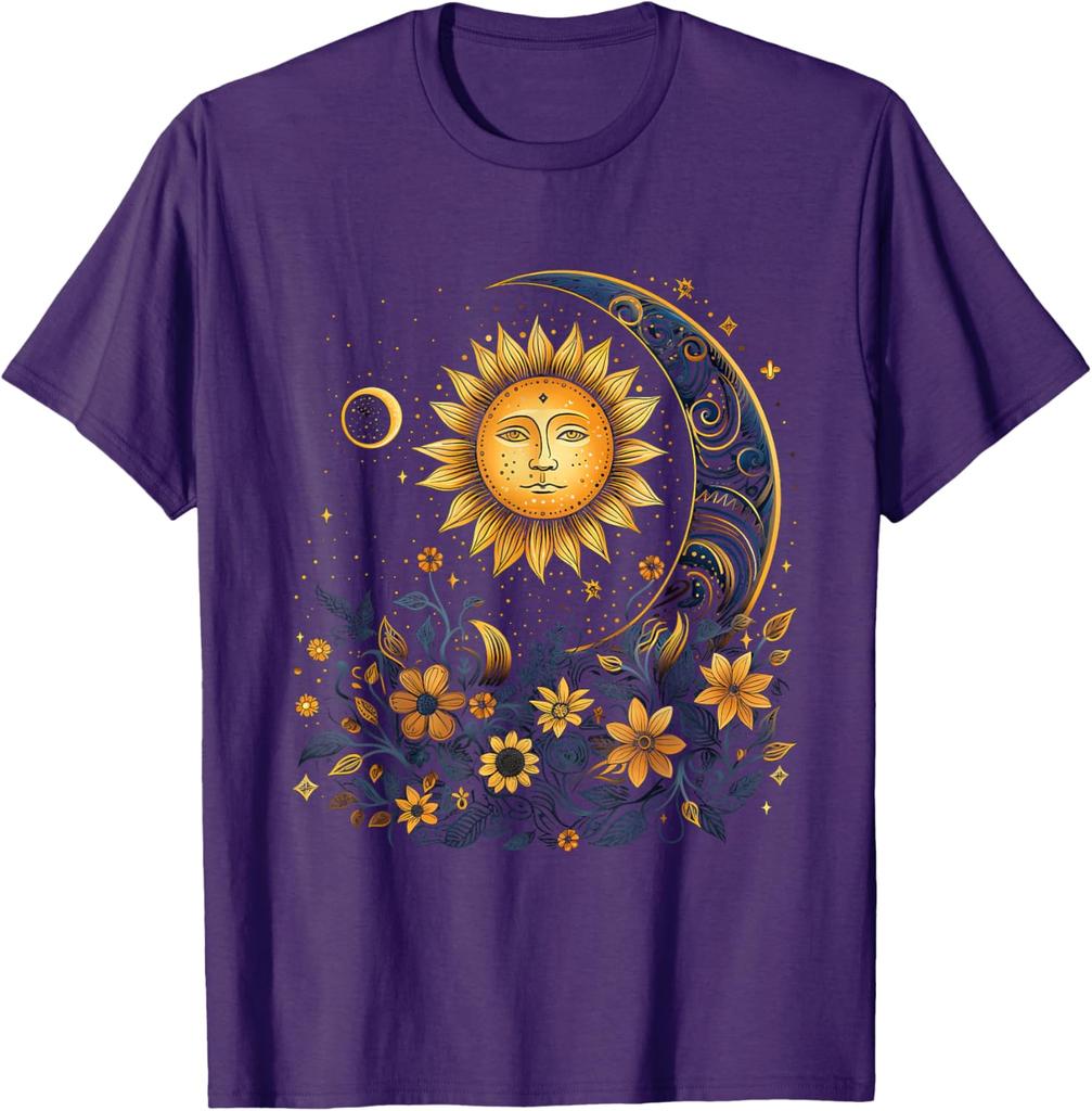 Mystic Sun and Moon Floral Graphic T-Shirt Men Casual Print O-Neck Breathable Trip Tee
