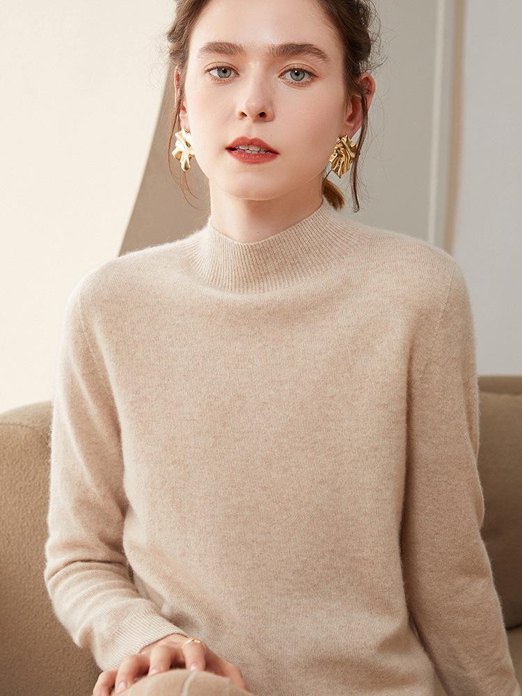 Women's Cashmere Half-High Collar Knit Sweater - Loose, Slimming Base Layer Top