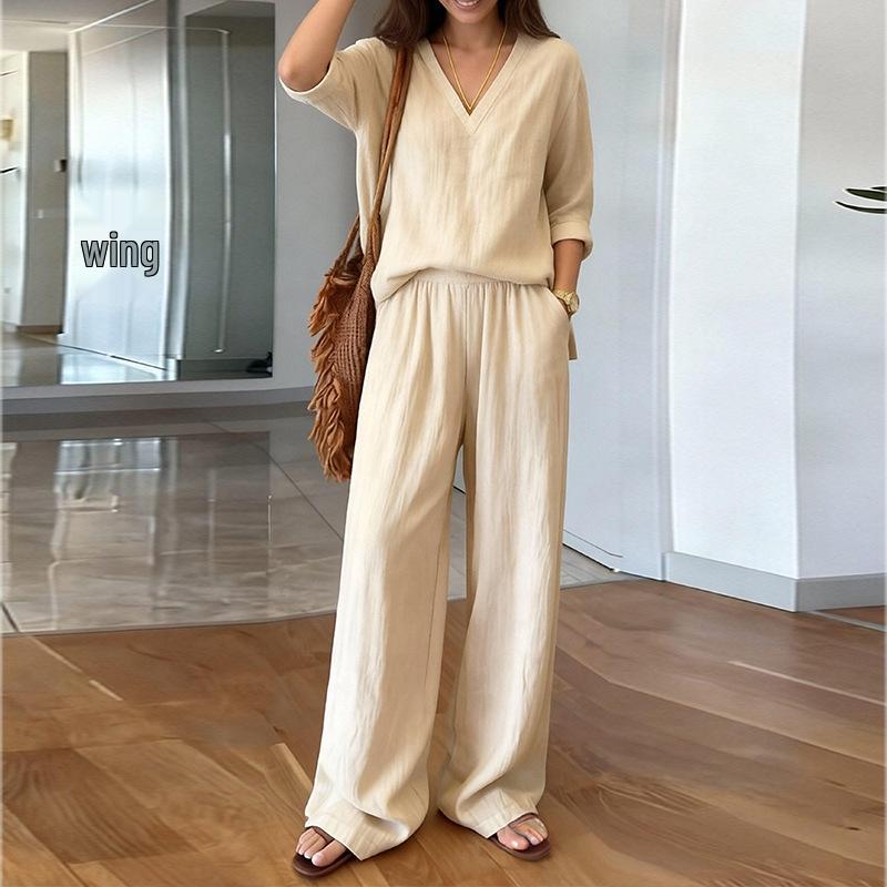 2026 Spring Women's Fashion: Solid Color V-neck Long Sleeve Top & Long Pants Set