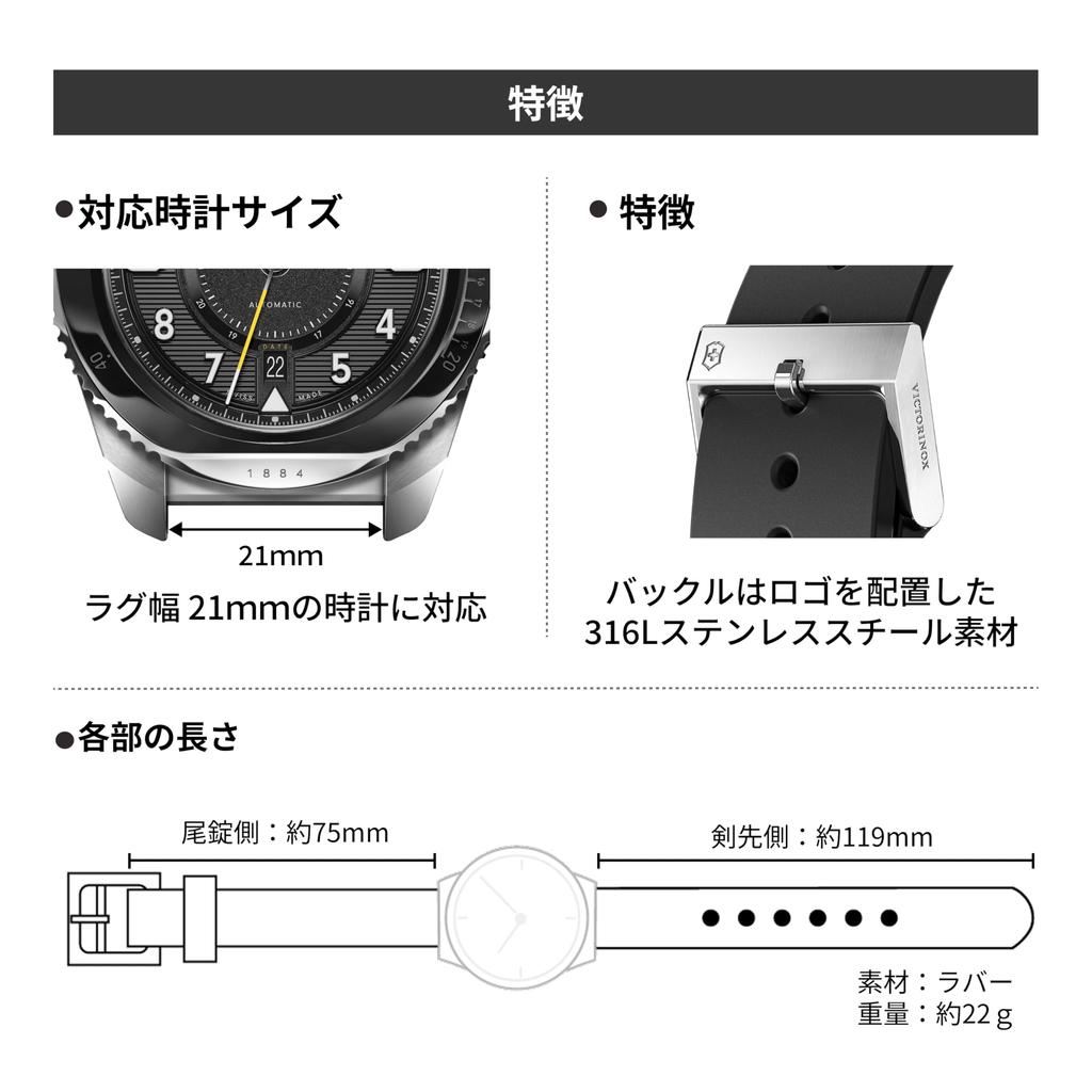 Watch Band 21mm Rubber Strap D1 Pin Buckle Watch Strap Replacement Strap Lightweight Breathable Black [Victorinox] Tool-free [] V.60028