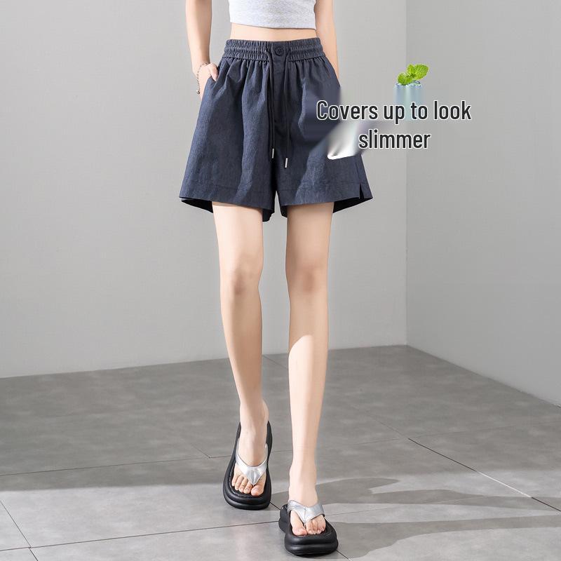 Dámské modré ledové hedvábí rychleschnoucí s vysokým pasem áčkového střihu s elastickým pasem volné ležérní široké nohavice střední délky 2025