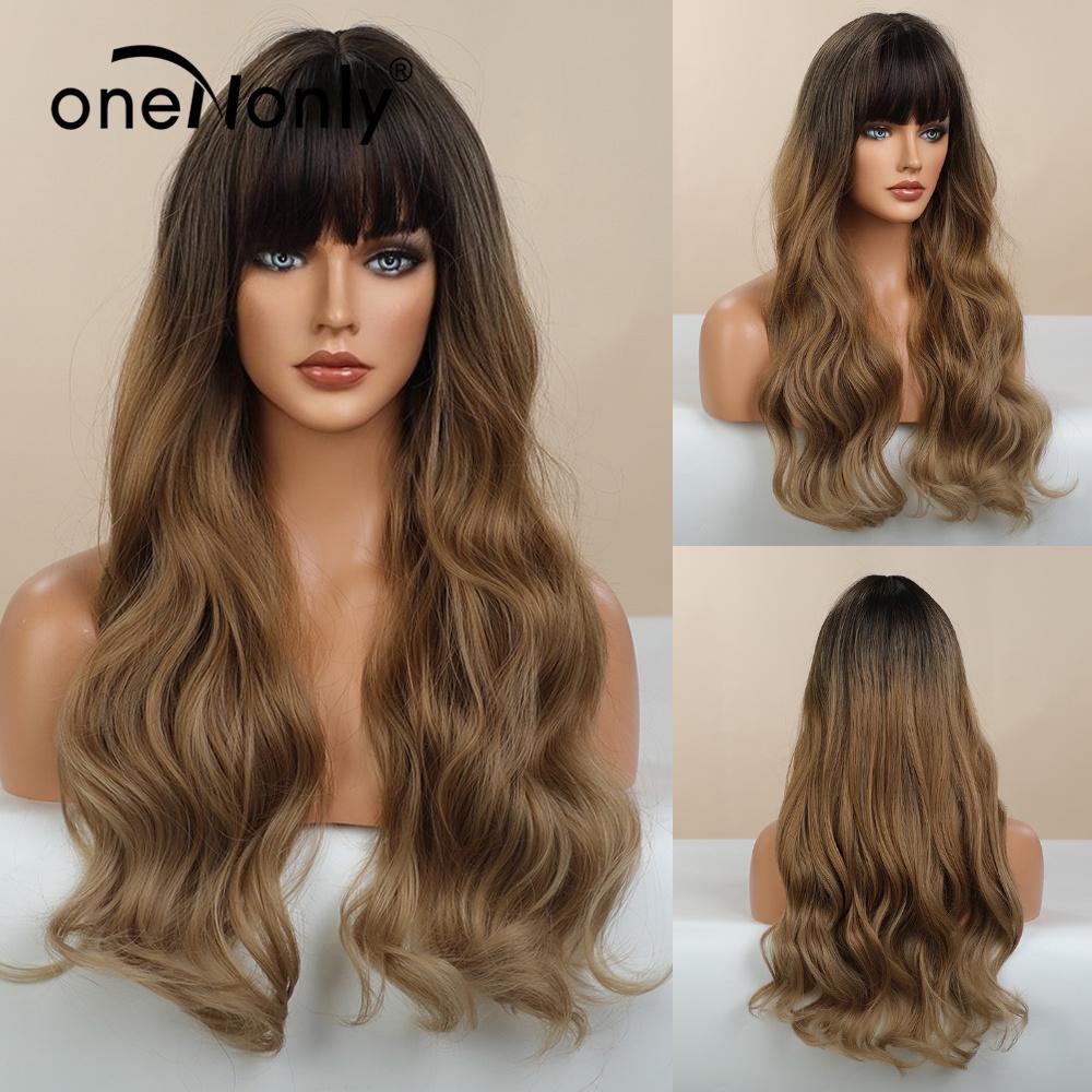 OneNonly Synthetische Perücken für Frauen, blonde Perücke mit Pony, langwellige Perücke, natürliches Haar, hitzebeständige Faser