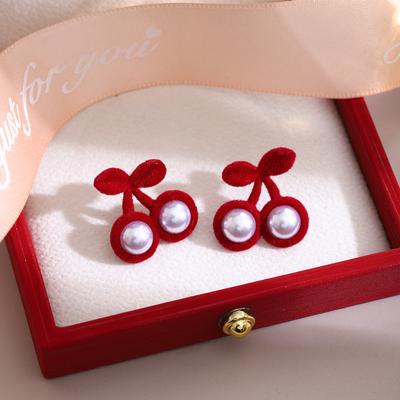 Flocking Burgundy Cherry Pearl Stud Earrings, Autumn And Winter Retro Cherry Story Sweet Girlish Temperament Earrings
