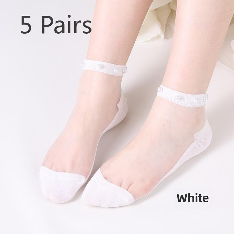 5 Pairs Pearl Socks Women's Socks Light Lace Summer Thin Mesh Transparent Glass Silk Crystal Socks