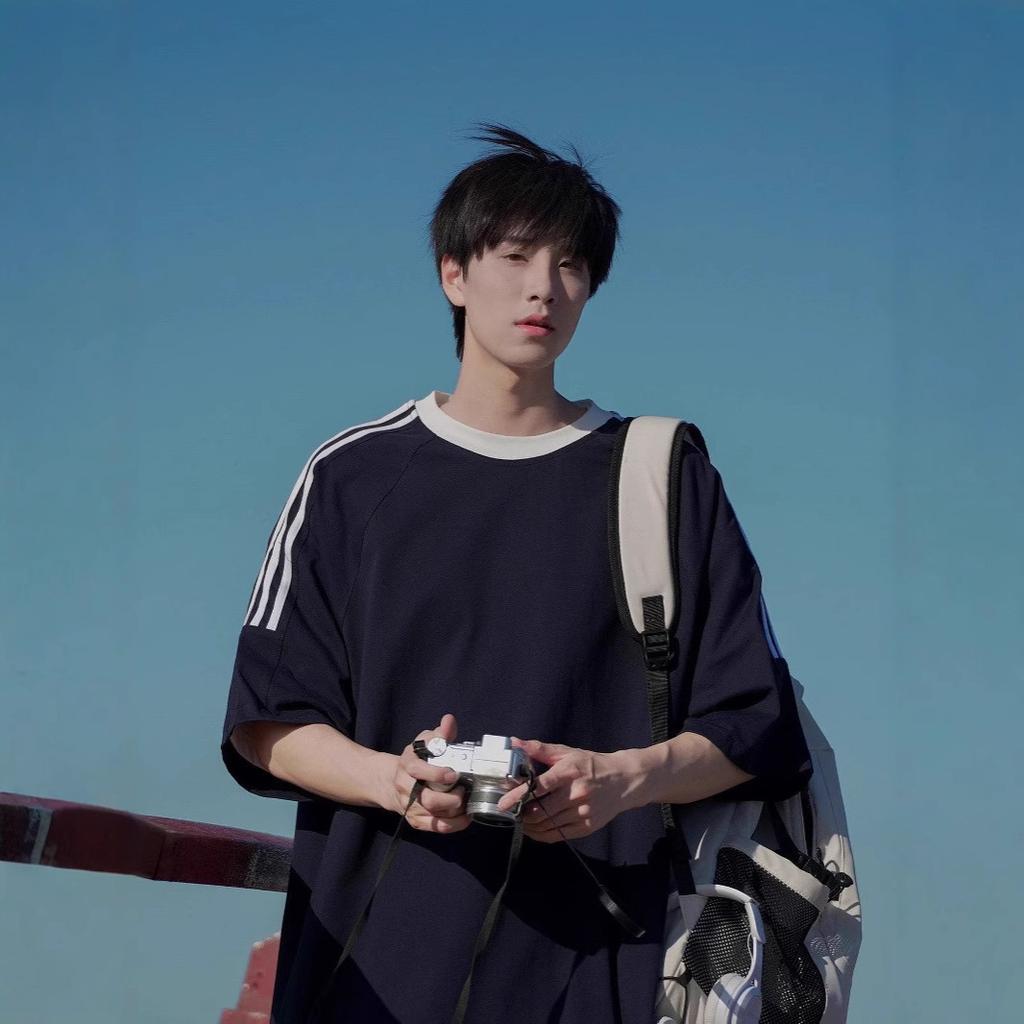 Men's Summer New Versatile Heavy Three-bar Striped Short-sleeved T-shirt for Men's American Loose Men's Top