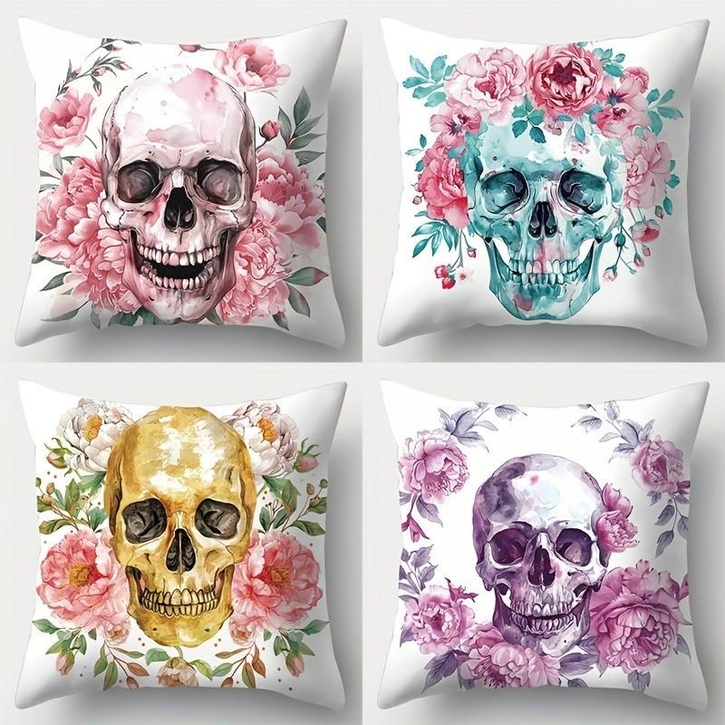 Watercolor Skulls With Floral Patterns Pillow Covers Pattern Cushion Cover Suitable For Sofa Bedroom Car Pillow Cover