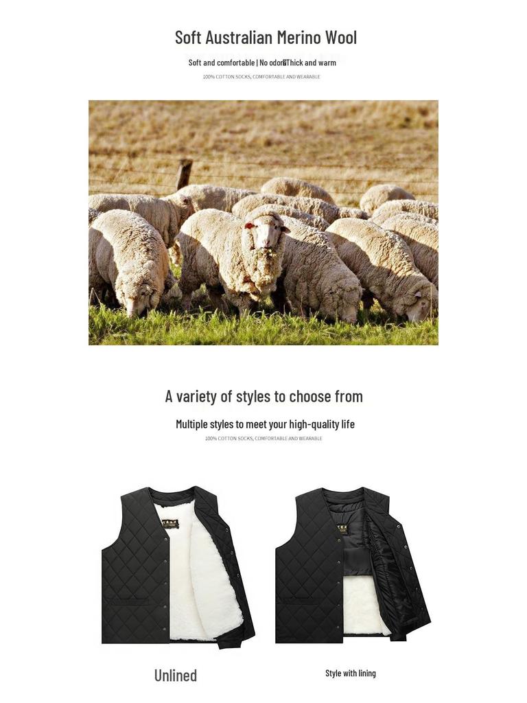 Men's Fur-Lined Wool Vest - Sheepskin Sleeveless Jacket for Middle-aged and Elderly Winter Warmth
