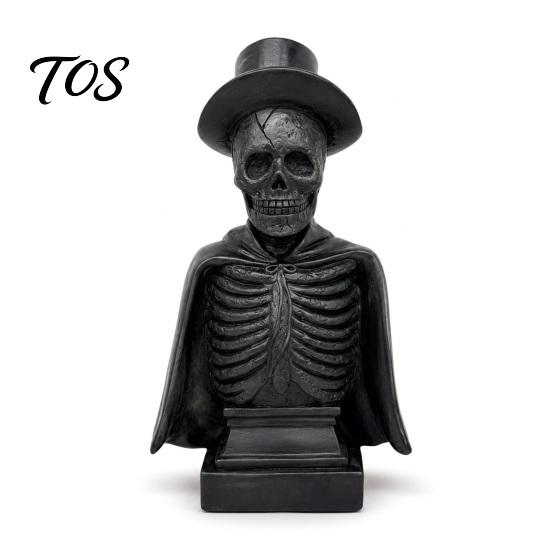 Desktop Ornament for Dark Style Decor Gothic Halloween Skull Sculpture with Top Hat And Cape, Spooky Resin Creepy Statue Holiday Skeleton Figurine LED