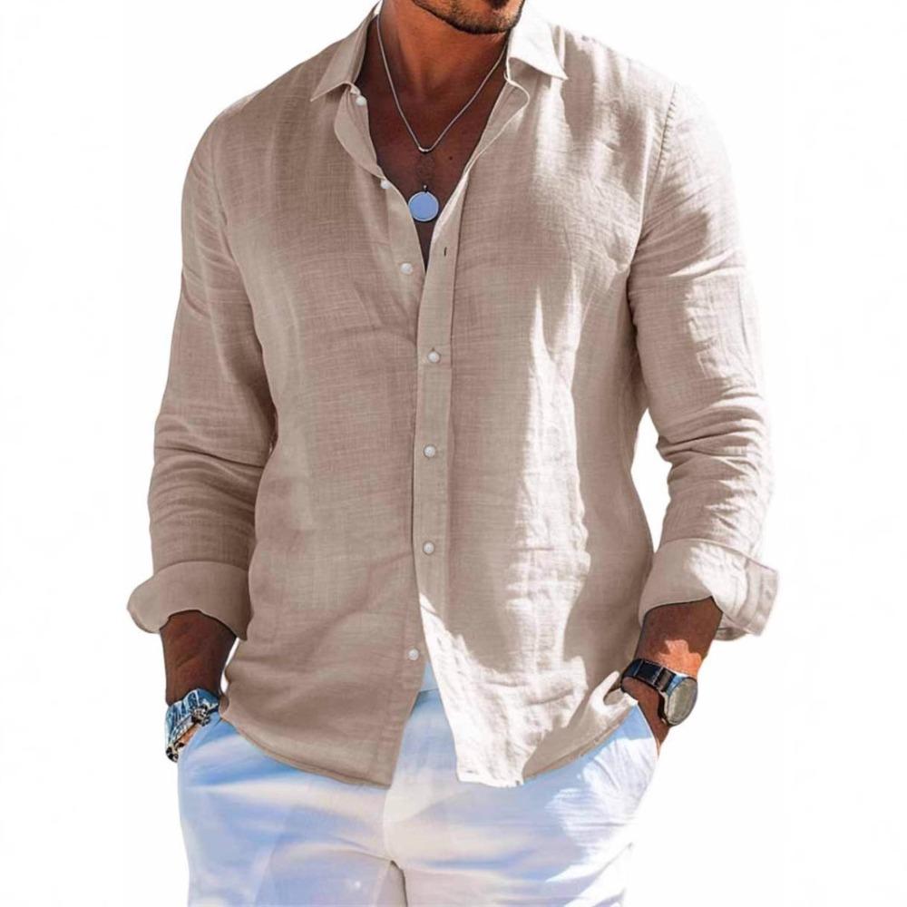 Chemise en lin pour homme avec col, Chemise de plage à manches longues