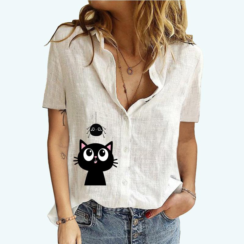

Повседневная футболка с воротником с лацканами для женщин, летняя и осенняя футболка с принтом, женская мода, хлопковый льняной топ, кардиган, блузки с короткими рукавами