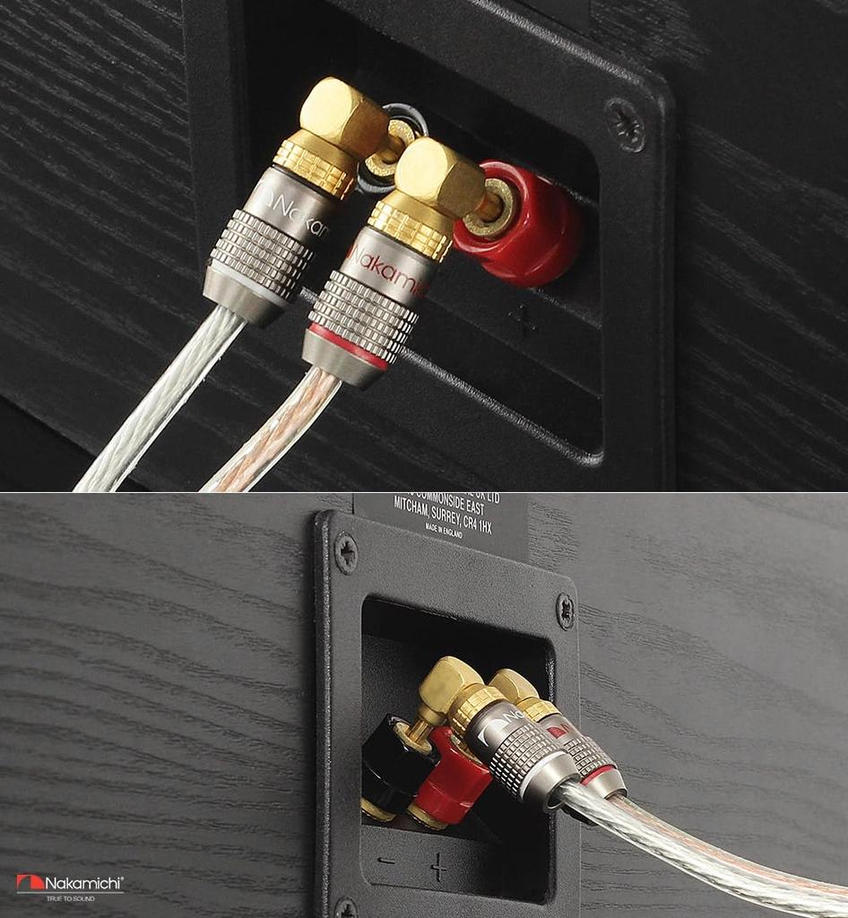 Nakamichi FanLock Excel Series 24k Gold Plated Right Angle Banana Plugs 10 AWG 18 AWG Gauge Size 4mm for Speaker Amplifier Stereo Home Theater Radio