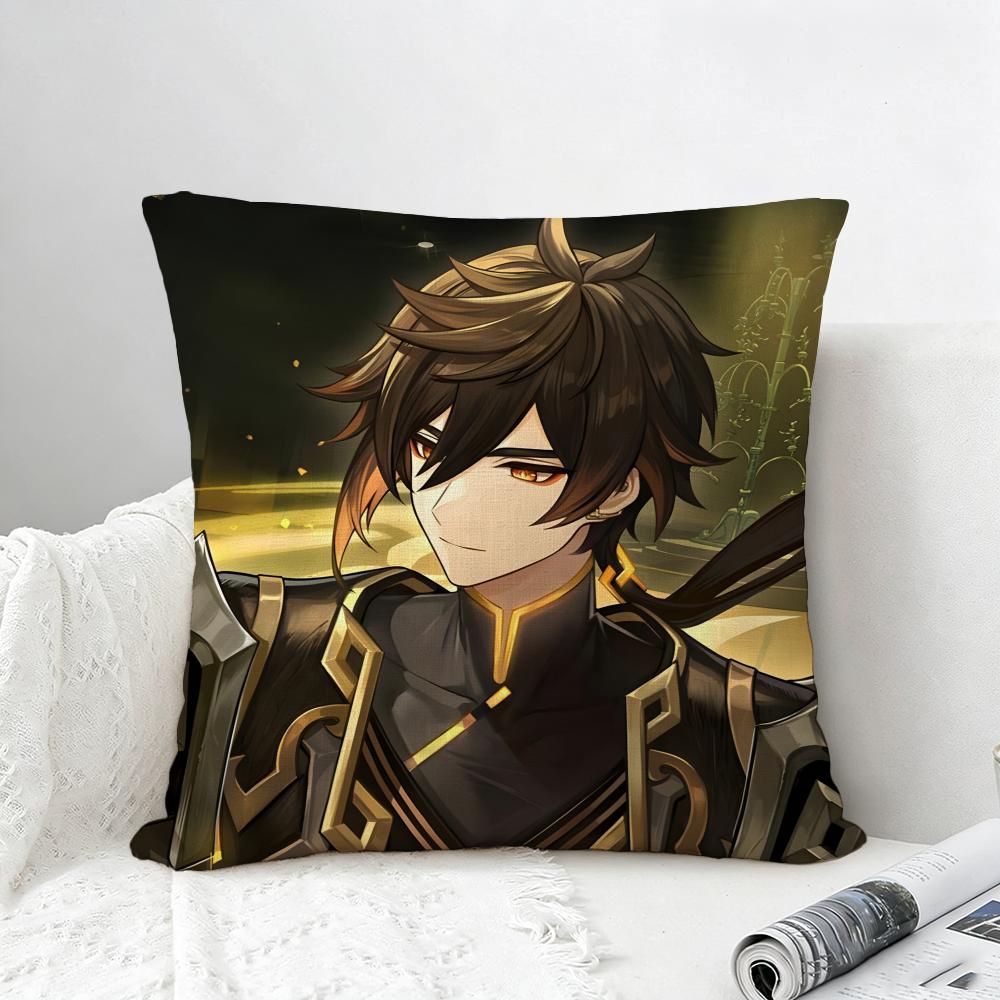 Game Genshin Impact Zhongli Cushion Cover Natural Linen Pillowcase Set AllinOne Decor for Sofa Bedroom Chair