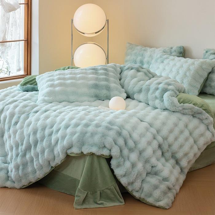 Rabbit Fleece Four-Piece Light Luxury Thickened Milk Fleece Bed Warm Double-Sided Fleece Quilt Cover Mattress Model