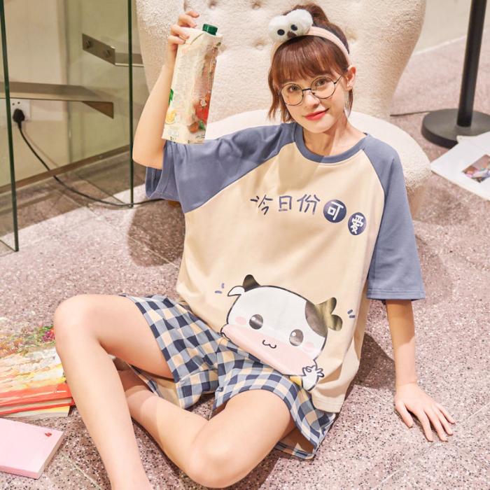 Women's Pajamas Set Summer Cute Cartoon Print Leisure Young Girls Sleepwear Short Sleeve Tops and Shorts Pijamas Women Homewear