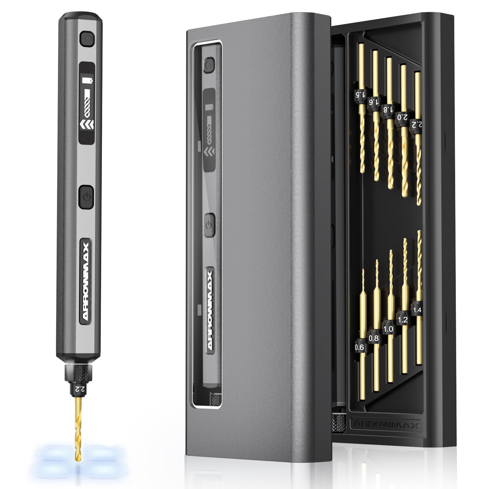 

ARROWMAX Мини-электродрель с алюминиевым OLED-дисплеем, LED, 10 сверл HSS, быстрозажимной патрон, 4 регулируемых режима, ручка, набор 13-в-1, дисплей, подсветка, аккумуляторная, биты, 3/32