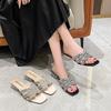 Water Diamond One Belt Cool Slippers for Women, Summer 2025 New Style, Square Head, Open Toe, Sexy High Heel Slippers for Women