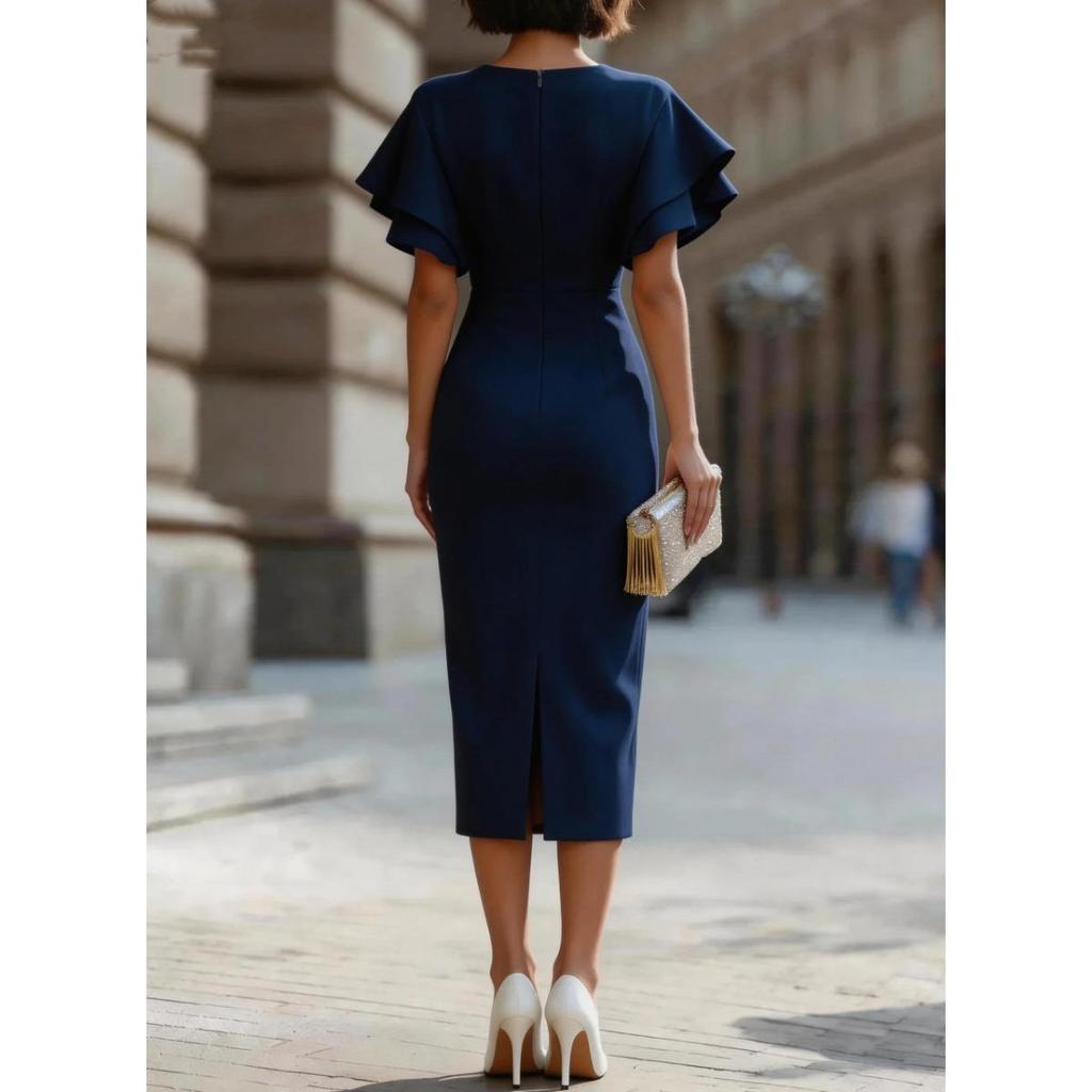 2026 Elegantes Etuikleid mit Rüschenärmeln für Damen, Rundhals Figurbetontes Midi Bodycon Kleid, Formelle Büro- & Cocktailparty-Kleidung